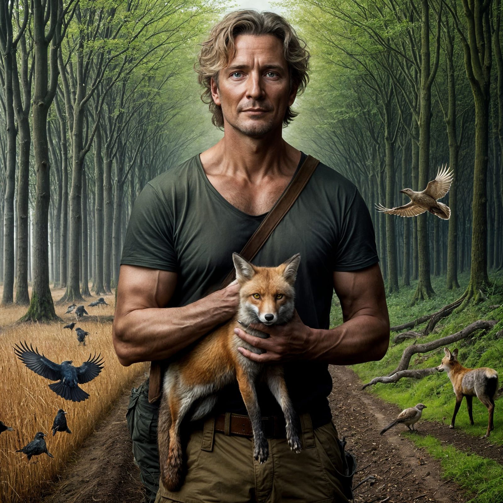 Hyperrealistic Portrait of a Taxidermist in Spring Forest