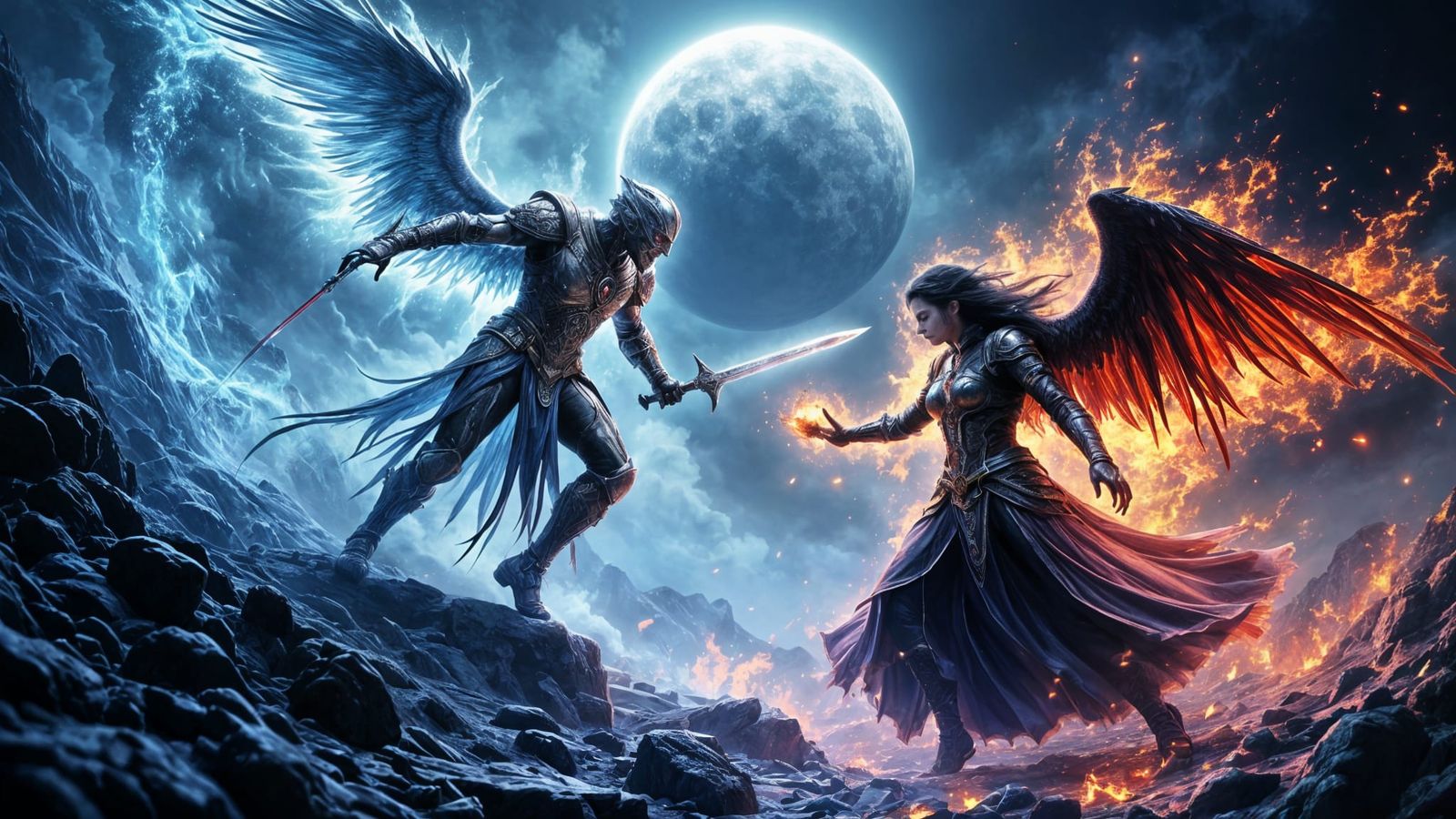 Epic Warrior-Angel Battles Sorceress-Devil in Dark Fantasy E...