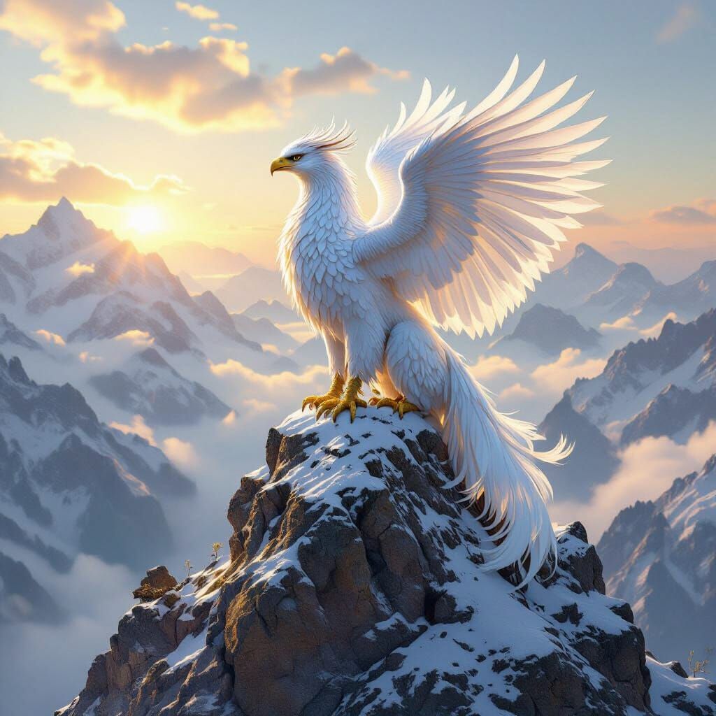 Griffin Perched on Mountain Peak in Morning Light