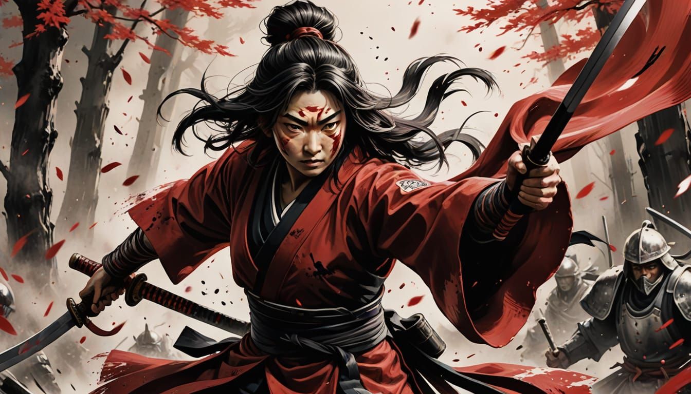 Tomoe Gozen Strikes in Sumi-e Style