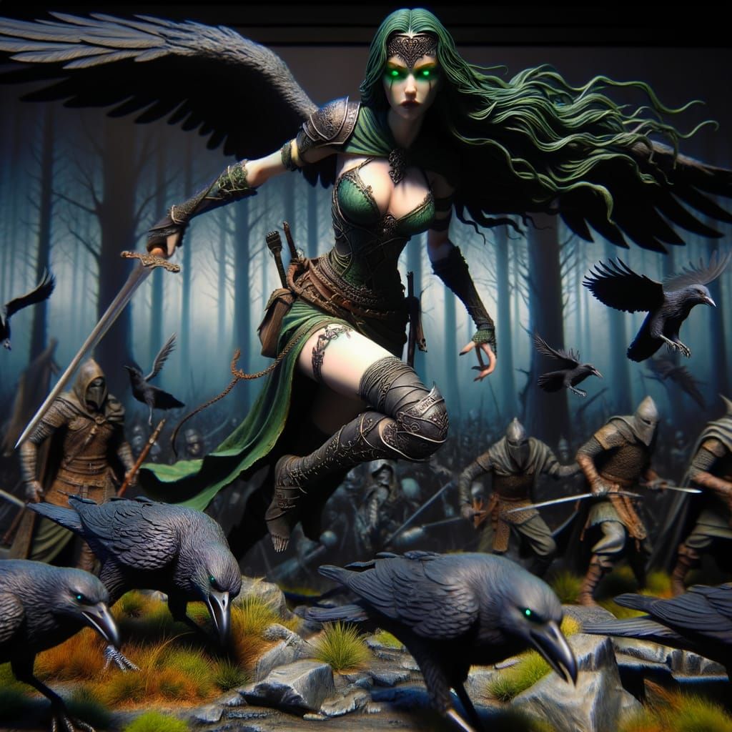 Celtic Goddess Morrigan on Battlefield with Ravens