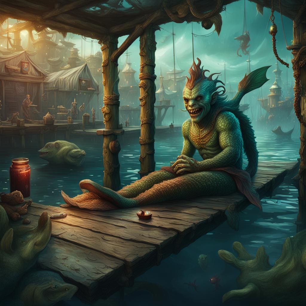 Hideous Merman Awaits Meal Under Dock: Digital Art
