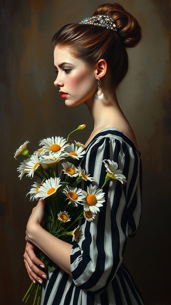 Somber Woman with Flowers: Expressionist Oil Painting