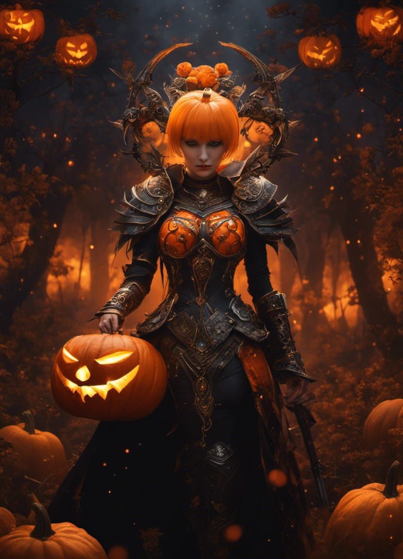 Pumpkin-Headed Warrior in Fantasy Armor