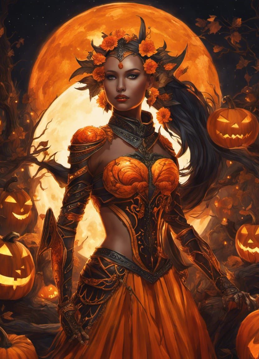 Woman Warrior with Jack-o'-Lantern Head, Digital Art