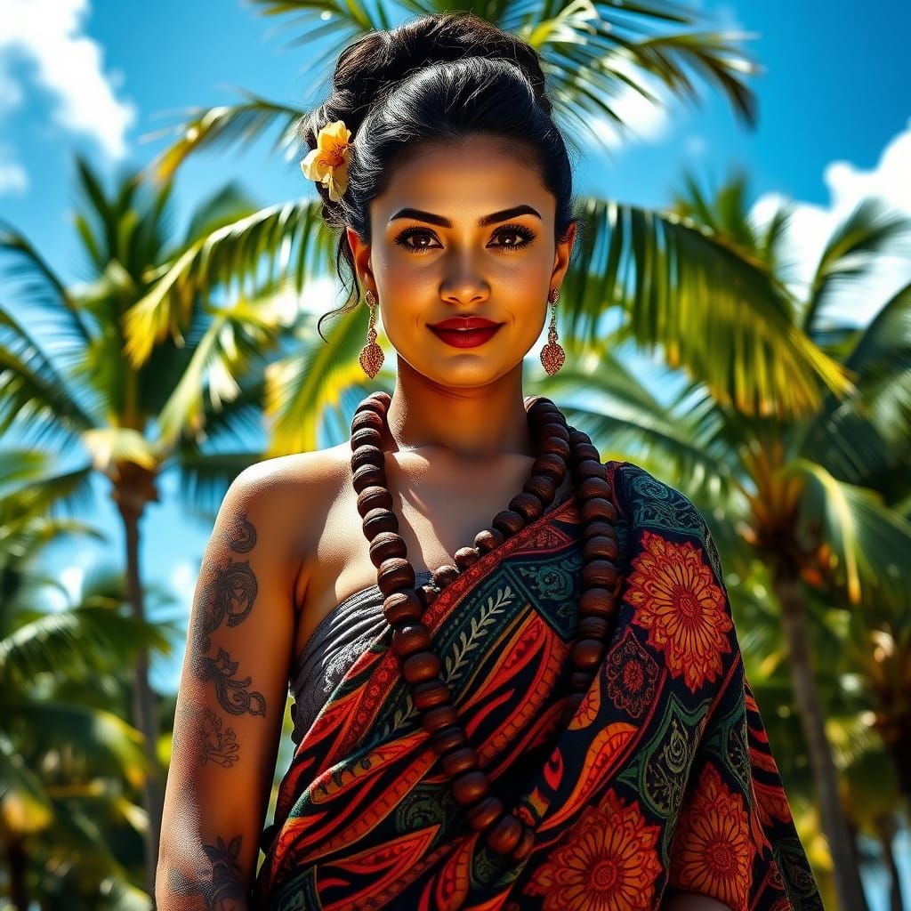 woman from the island of Samoa stands in her native garb looking at the camera, background of Palm trees, 4k hight detai...