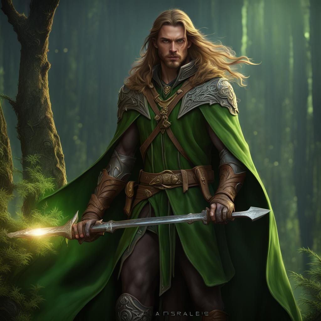 Fantasy Ranger with Green Cloak, Detailed Matte Painting