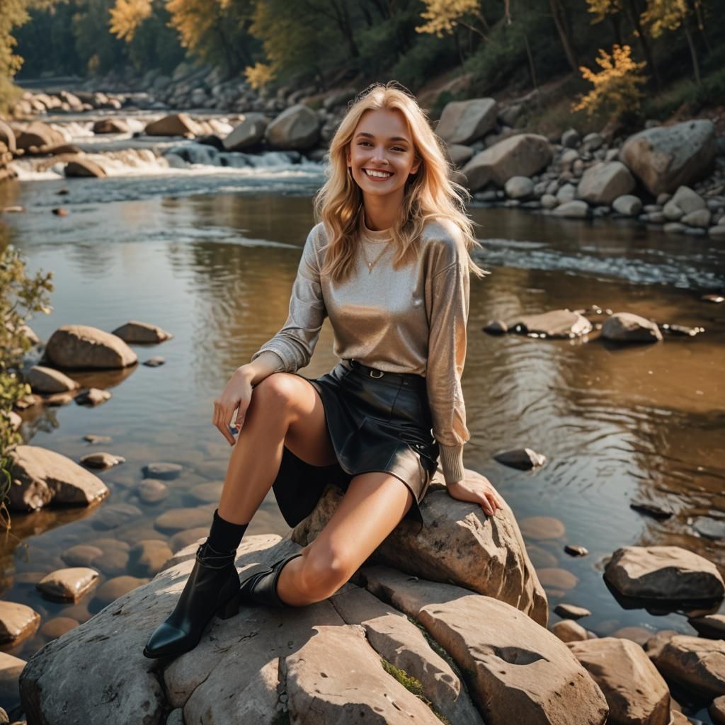 Blonde Model by River: Hyper-Realistic Photography