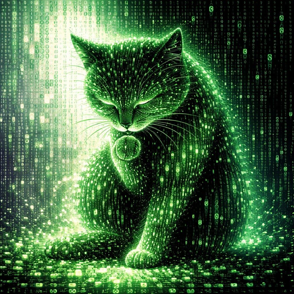 Cyberpunk Cat Made of Glowing Code in Pointillist Style