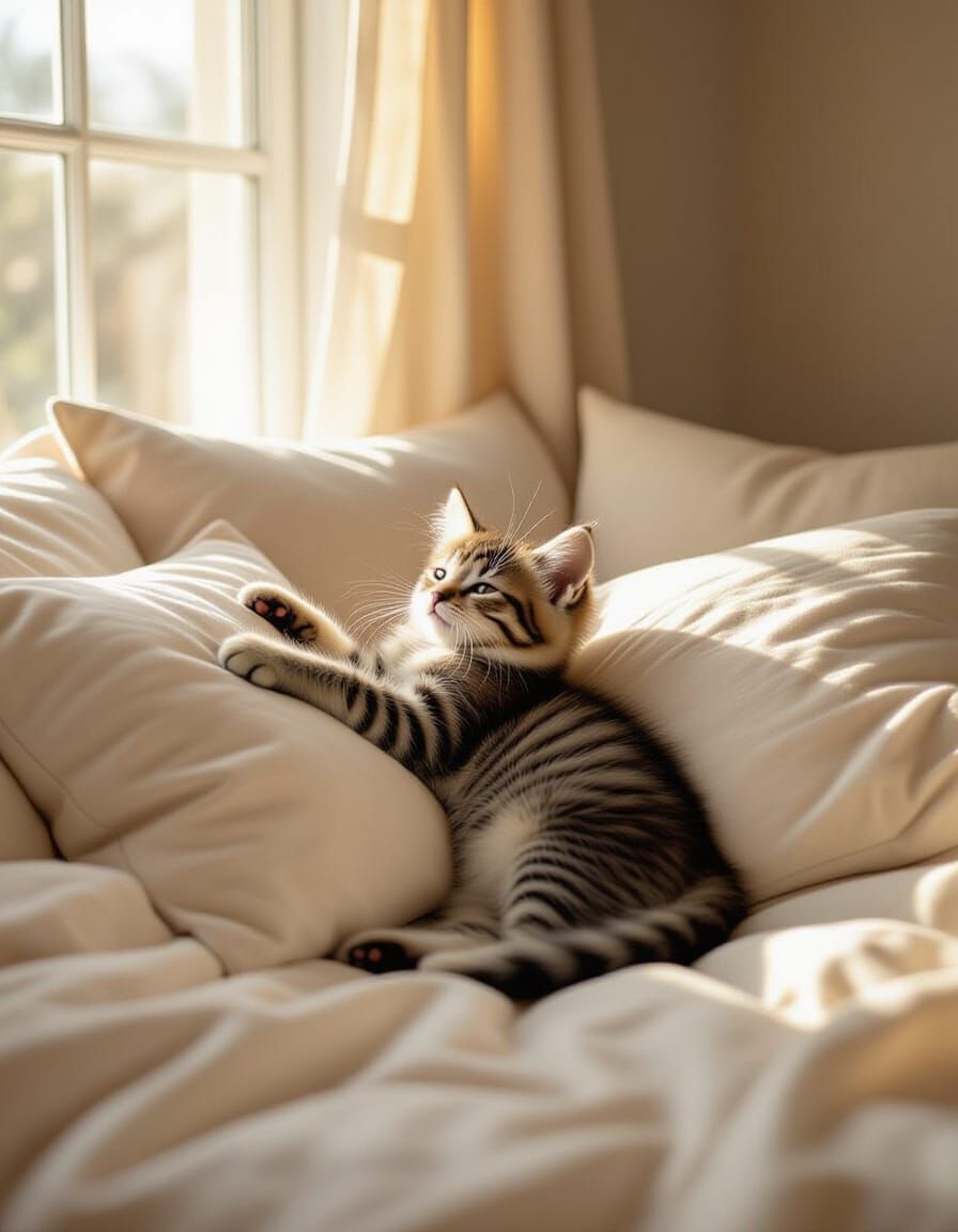 Kitten Stretching in Sunlight: Cinematic Still