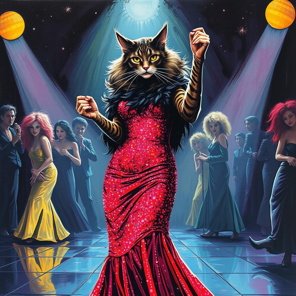 Disco Dancing Cat in 70s Impasto Acrylic Style