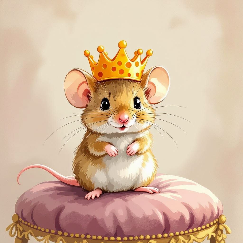 Adorable Mouse King in Golden Cheese Crown on Velvet Cushion