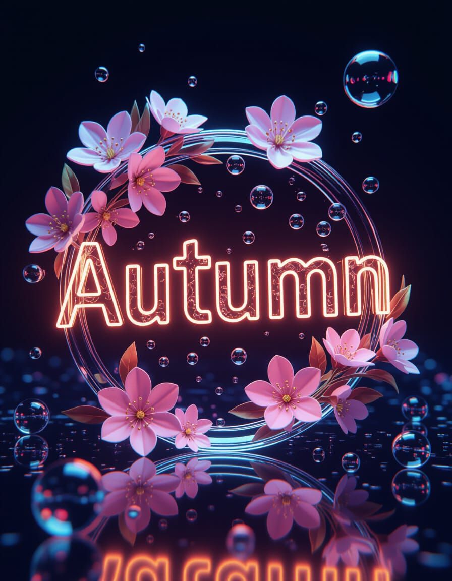 Translucent Autumn Letter Amidst Flowers and Bubbles