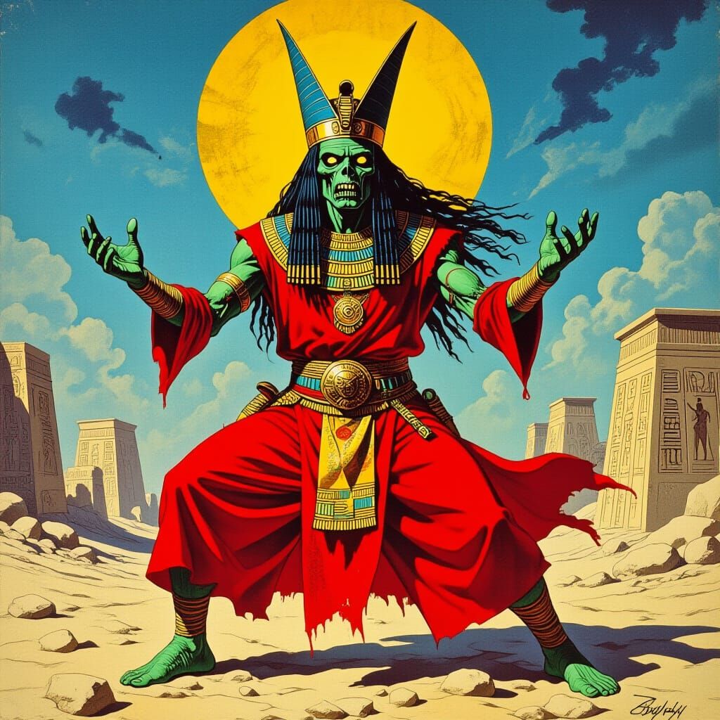 Undead Sorcerer Necromancy in 70s Pulp Fantasy Style