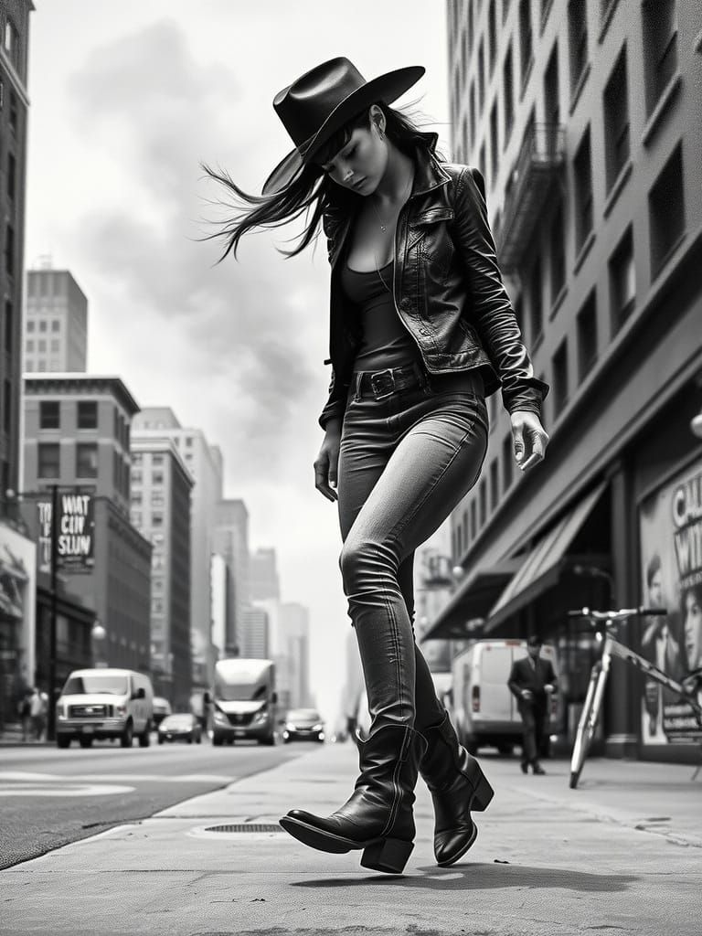 Cyberpunk Urban Cowgirl Strides Through City Streets