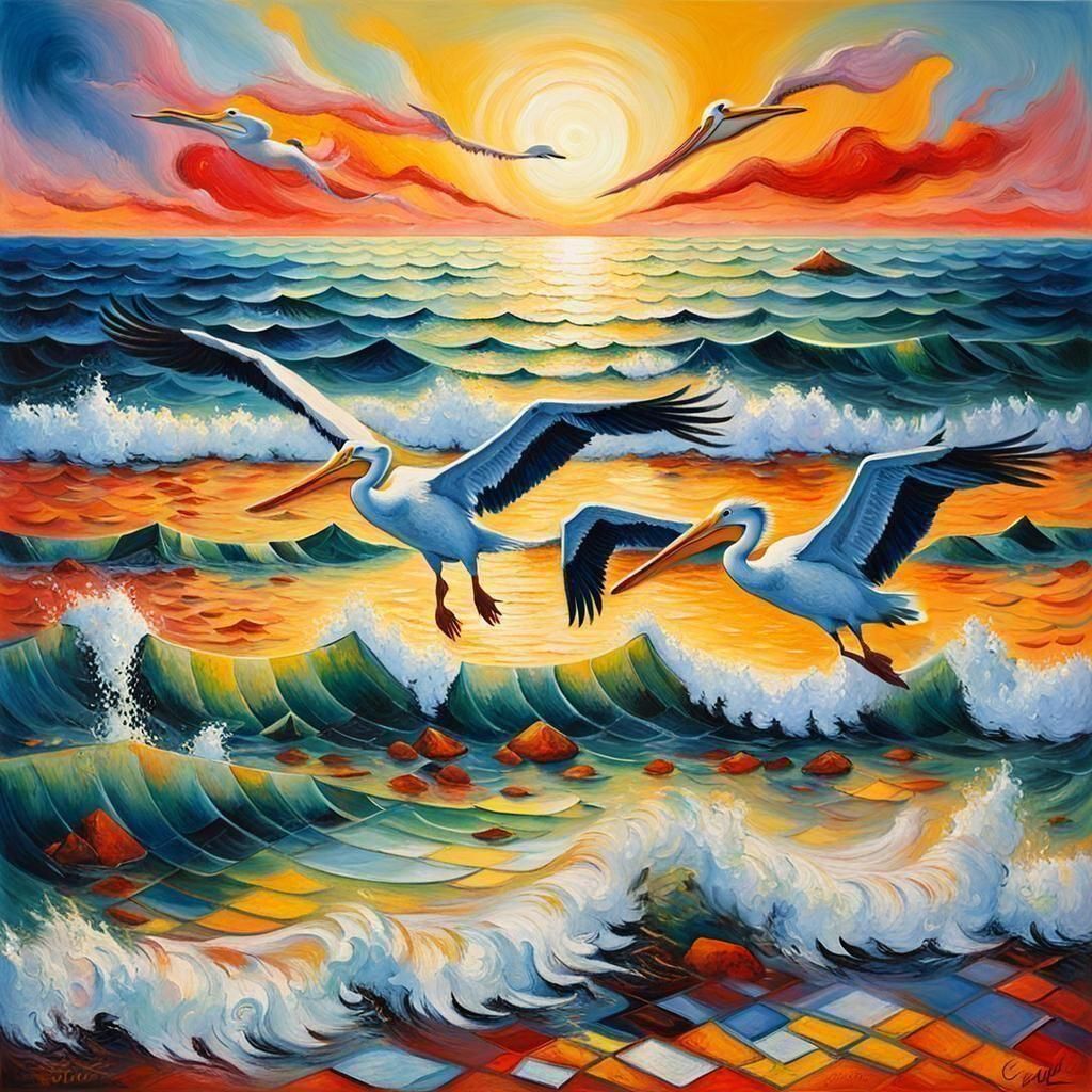 Dreamlike Seascape with Three Flying Pelicans at Sunset in W...
