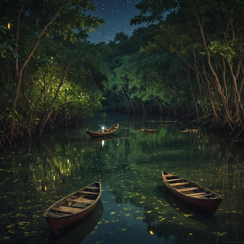 Fireflies Light Mangroves at Night: Impasto Painting