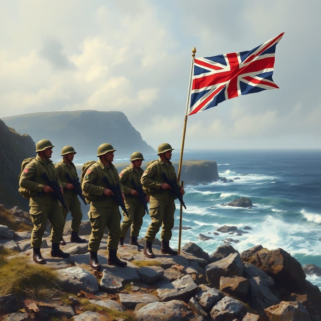 British Soldiers Stand Proud on Falkland Islands, Union Jack...
