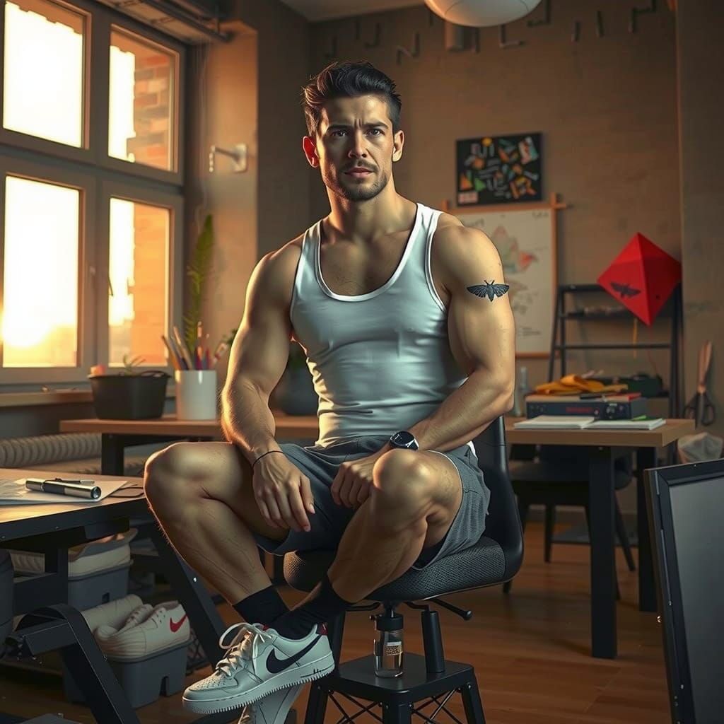 Muscular Man in Brutalist Apartment at Sunset