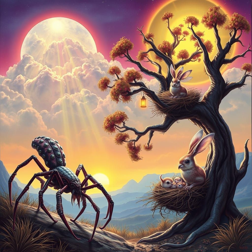 Cosmic Predation: Arachnid-Ophidian Hunts Bird-Bunny in Alie...