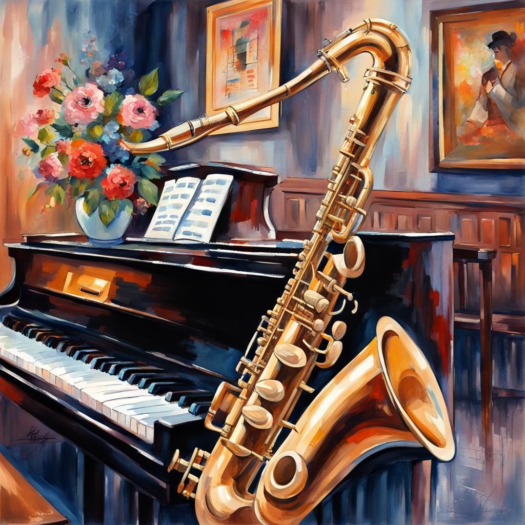Bass Saxophone and Piano in Gouache Style