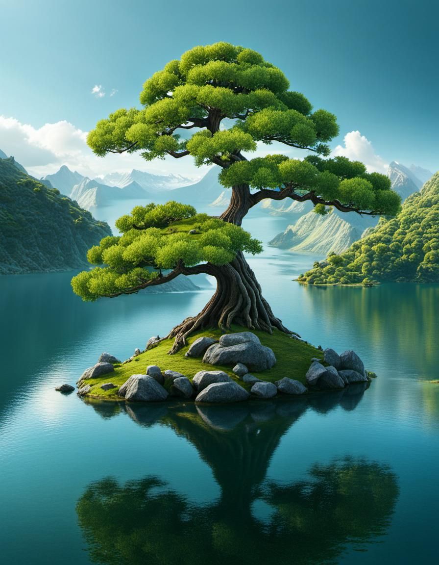 Bonsai Tree in Lake: Detailed Matte Painting