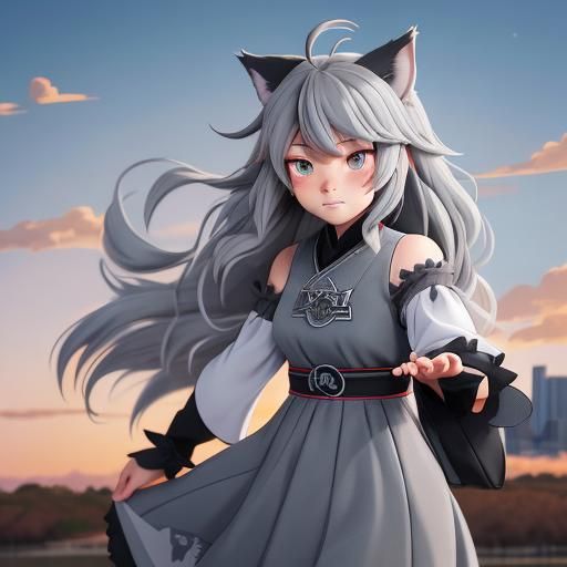 Anime Style Gray Wolf Girl in Summer Dress