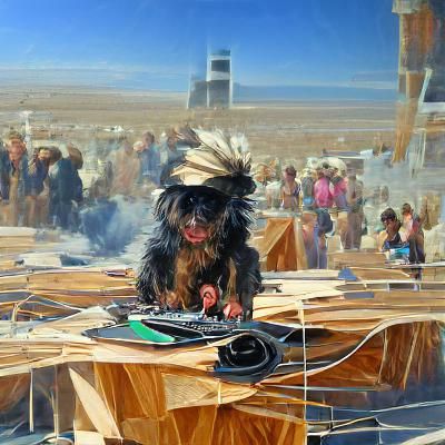 Black Yorkshire Terrier DJing at Burning Man