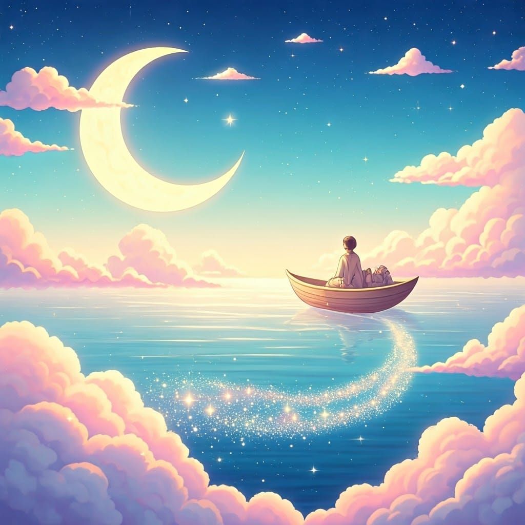 Man Sails Moon Boat Through Starry Sky