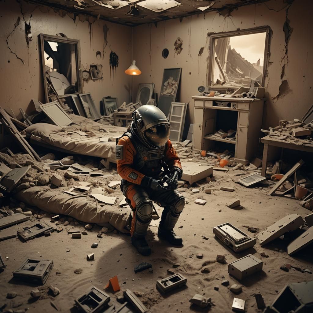 Dystopian Sci-Fi Man Examines Photo in Ruins