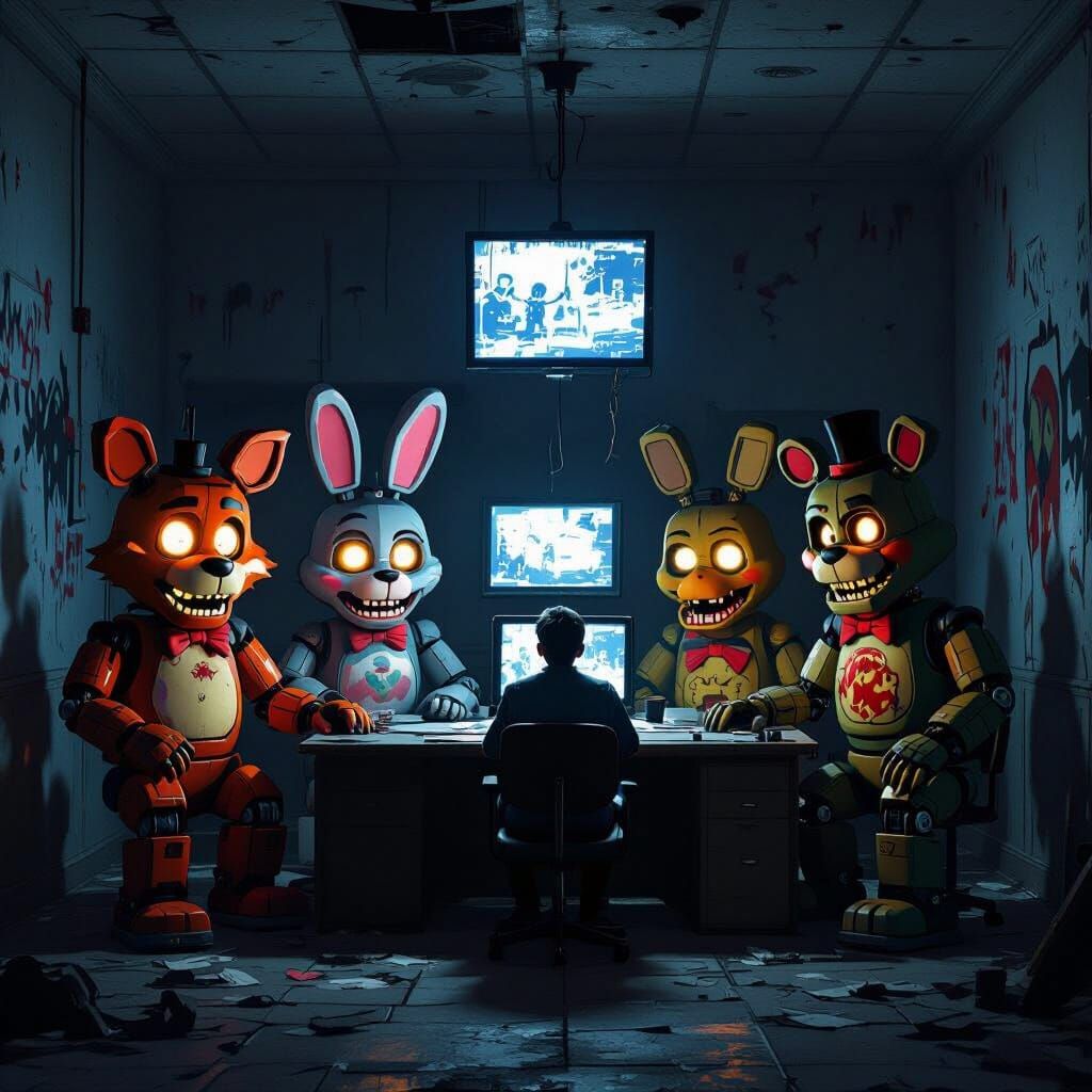 Terrifying Animatronics Guard Night Shift in Dark Room