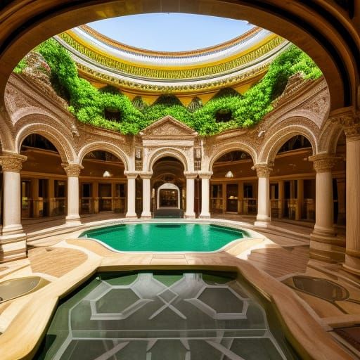 Green Tile Atrium with Stone Fountain in 3D