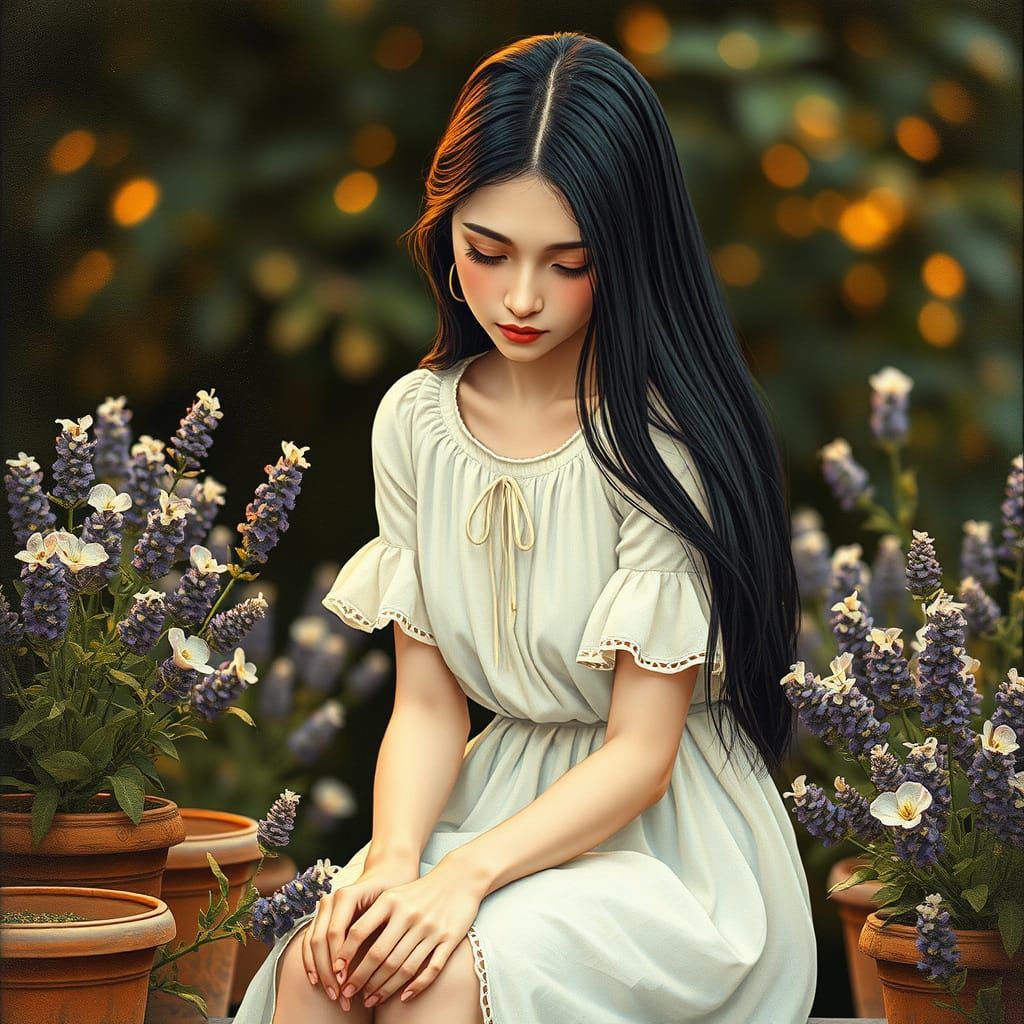 Melancholic Woman in Lavender Garden