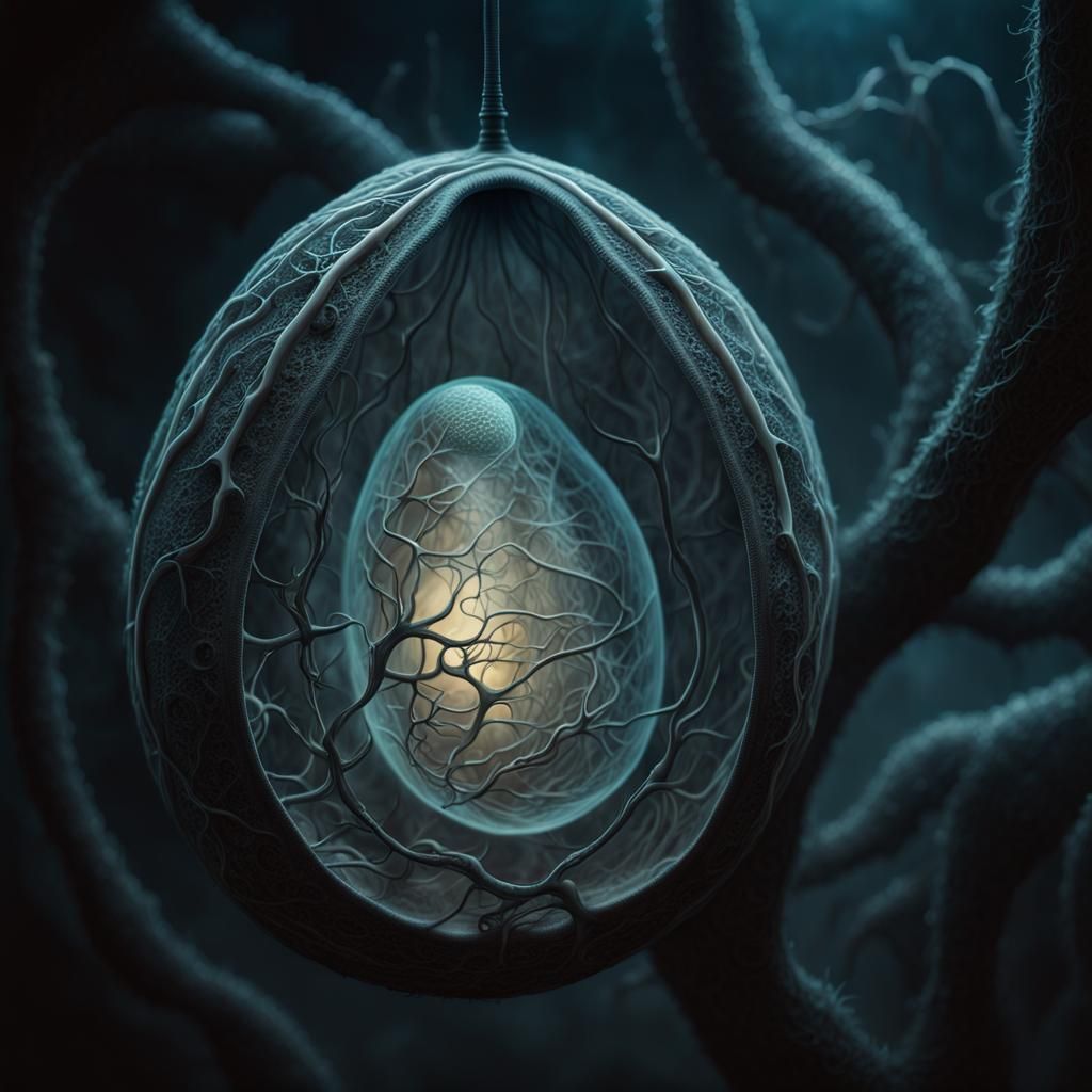 Ethereal Spore Cocoon in Giger-Inspired Style