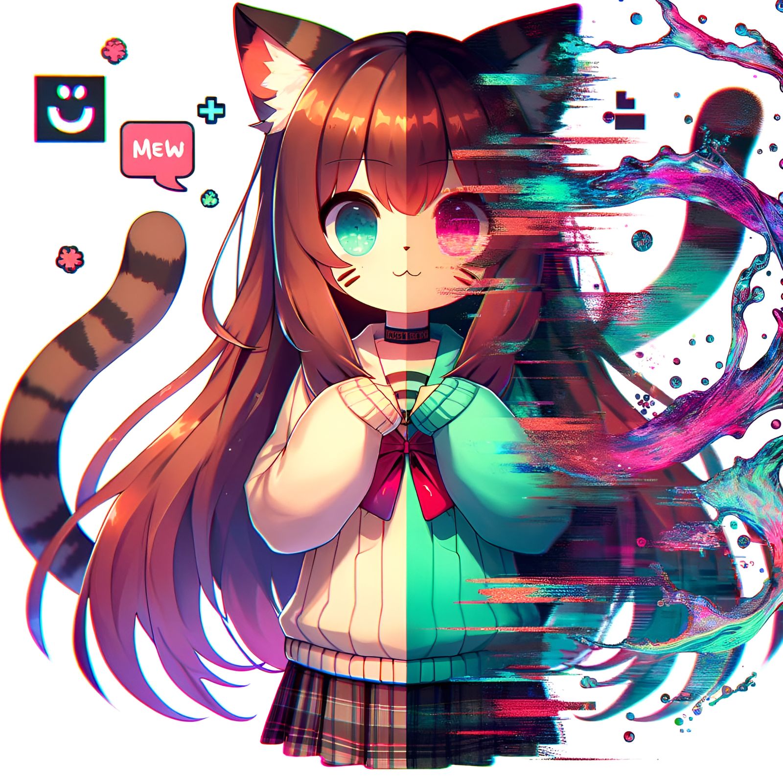 Anime Girl with Cat Ears and Glitch Art