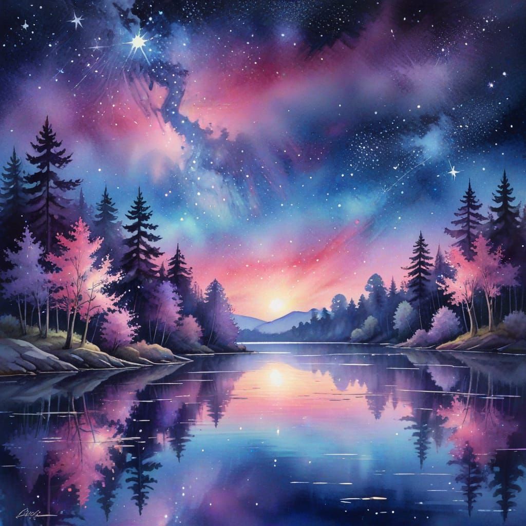 Dreamy Watercolour Starry Night Landscape