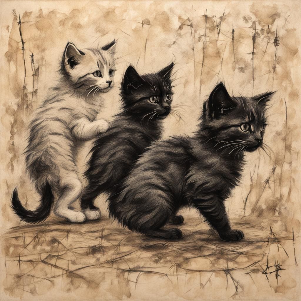 Minimalist Charcoal Sketch of Kittens on Papyrus