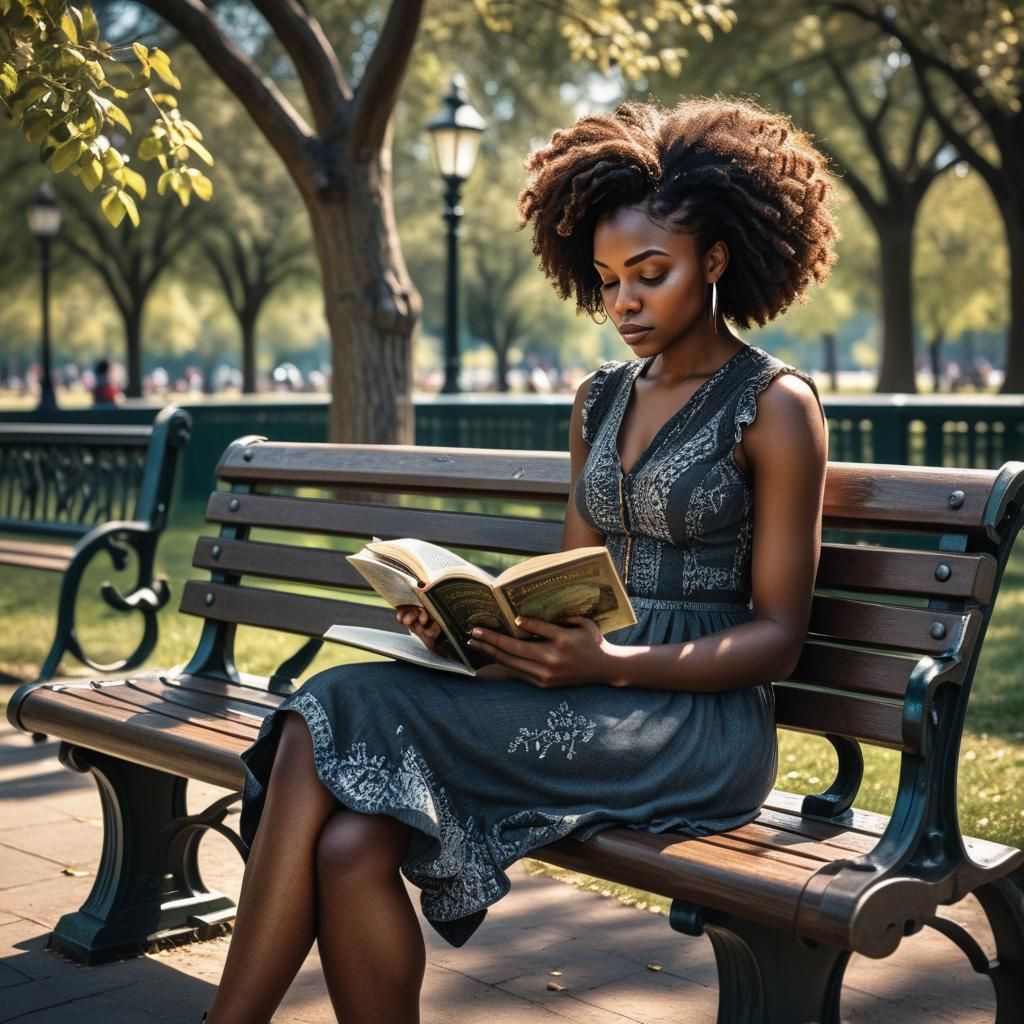 Black Girl Reading Book in Park: Hyperrealistic Image