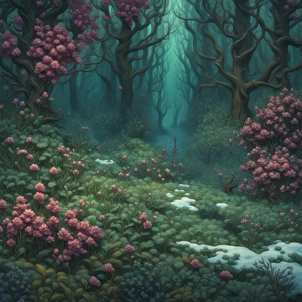 Vibrant Pop Art: Winter Flowers in Green Forest