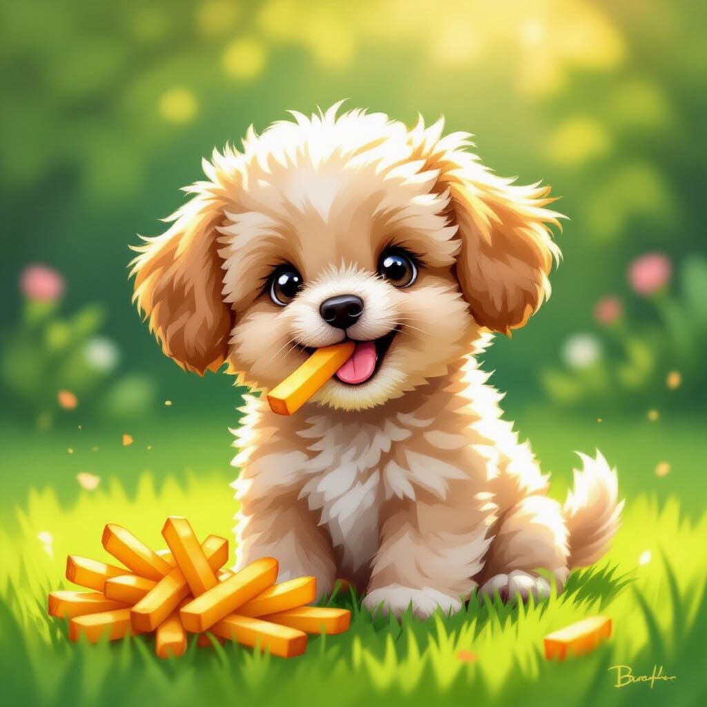 Cute Puppy Enjoys French Fries in Sunny Illustration Style