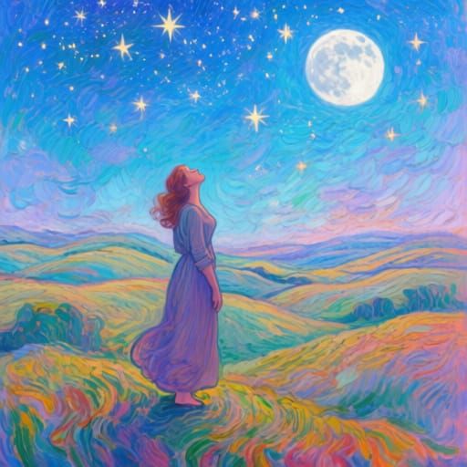 Woman Gazing at Starry Night Sky