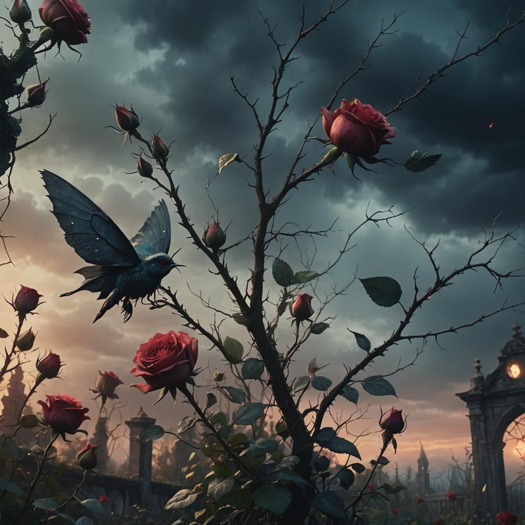 Terrifying Rose in Abandoned Garden: Dark Fantasy Art
