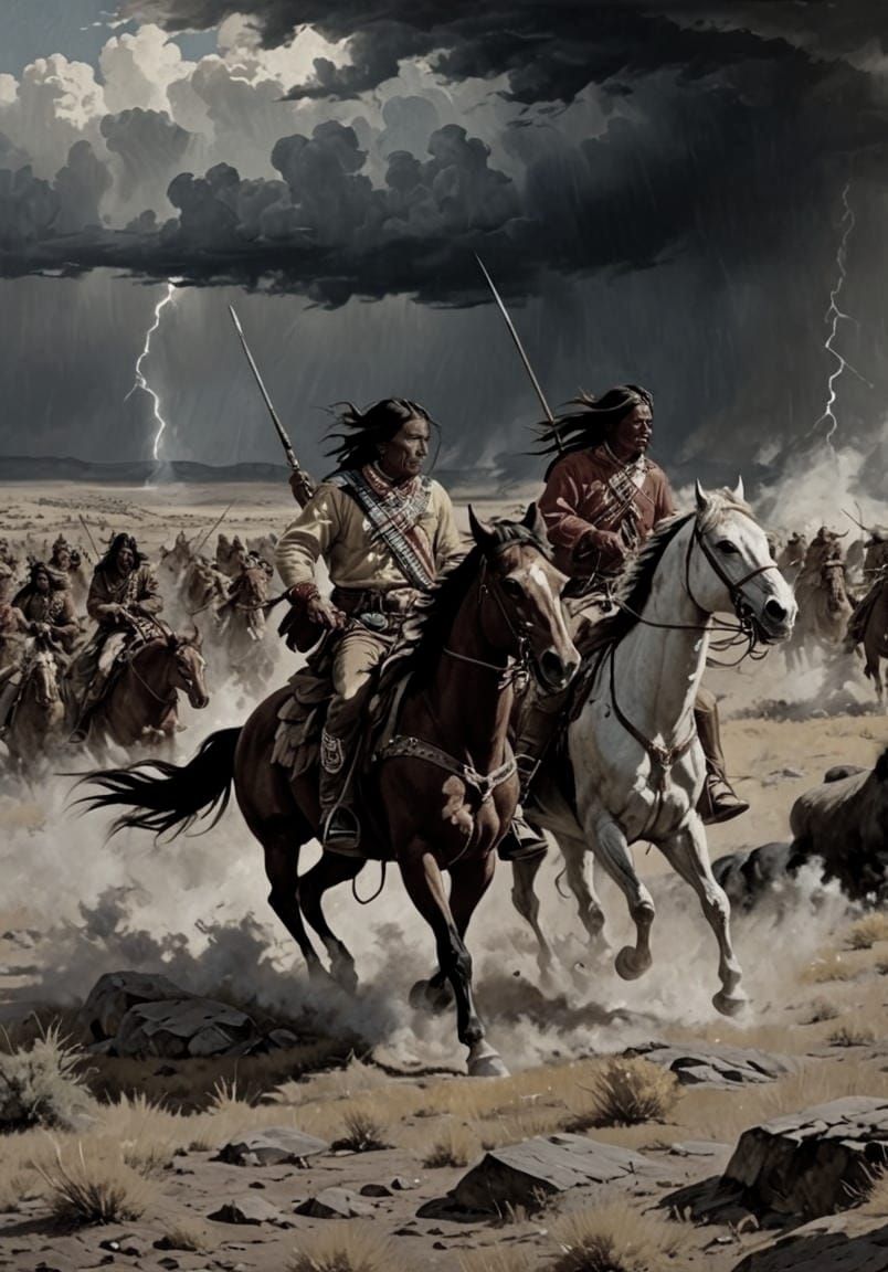 Native American Buffalo Hunt in Storm, Oil Painting