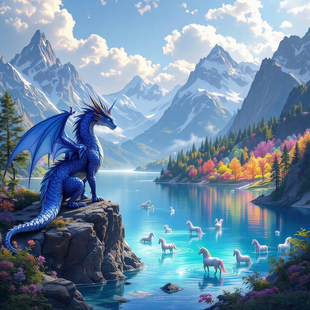 Majestic Dragon Overlooking Crystal Lake in Anime Style