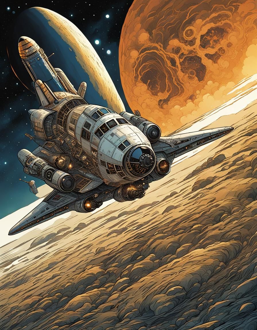A steampunk space shuttle in the distance, hurtling through space