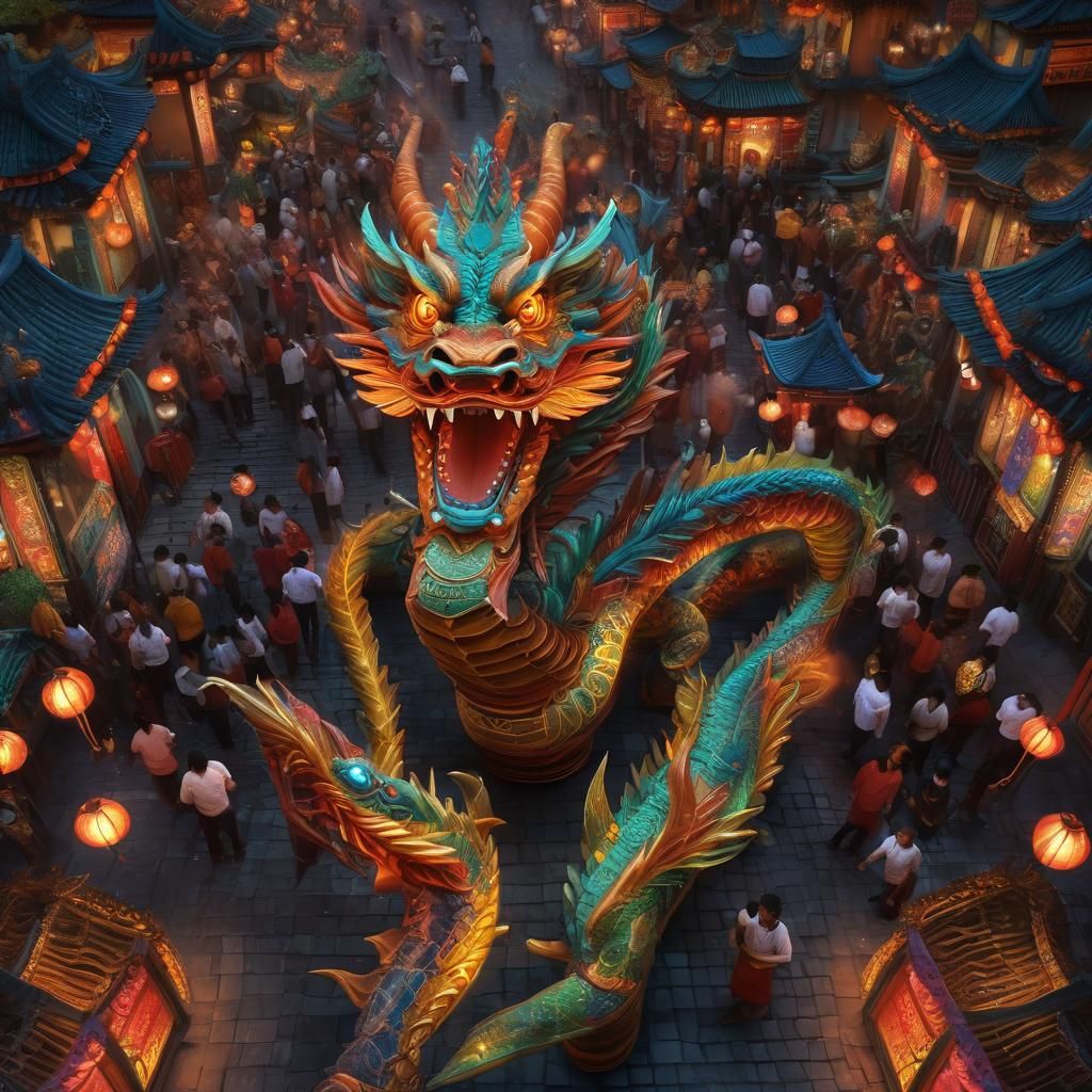 Festival Dragon Dance in Lantern-Lit Streets