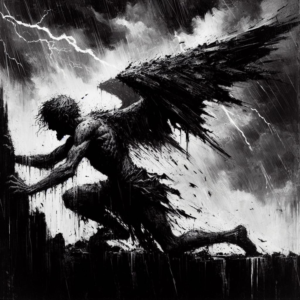 Fallen Angel Silhouette in Impressionist Style