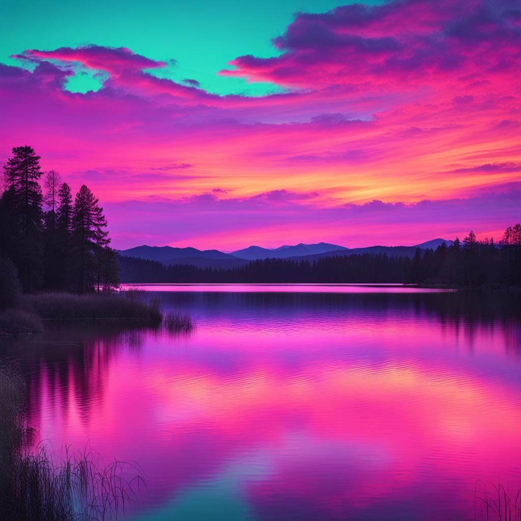 Neon Pastel Sunset Over Lake Reflection