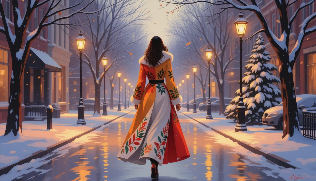 Elegant Woman in Vibrant Winter Cityscape Oil Painting