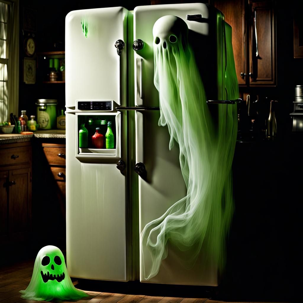 "an eerie and haunted refrigerator that oozes ghostly ectoplasm".